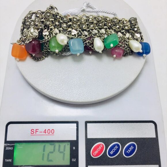 Multicolor Stones Choker Necklace, Silver Boho Choker With Pearls - Picture 9 of 9